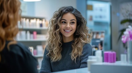 Young receptionist working with client at desk in beauty salon : Generative AI