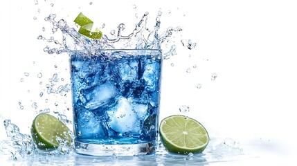 Blue curacao cocktail with splash and green lime isolated on white : Generative AI