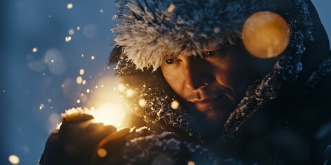 Fototapeta premium Man in fur hat with snow falling and warm light.