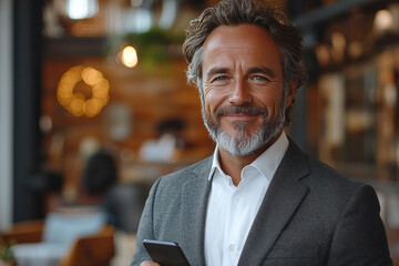Obraz premium Smiling businessman holding a phone in a cafe.