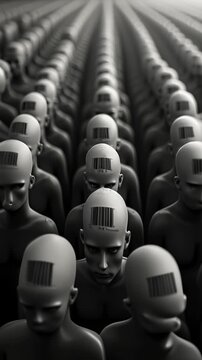A dystopian and dehumanizing vision of a large crowd of identical bald figures, all with barcodes printed on their heads