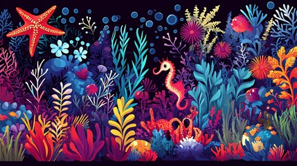 Obraz premium Vibrant underwater scene with coral reefs, seaweed, starfish, seahorses, and fish on a dark blue background.