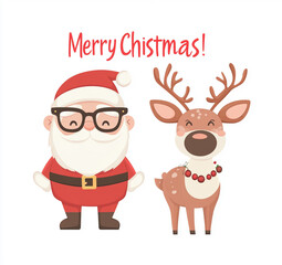 A cute cartoon Santa Claus in his sleigh pulled by reindeer, the text  Merry Christmas