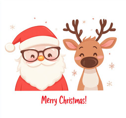 A cute cartoon Santa Claus and reindeer, both wearing glasses with "Merry Christmas!" 