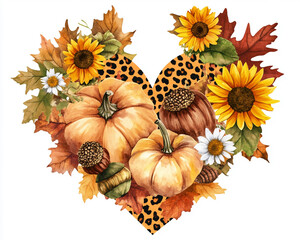 A heart shape composed of pumpkins, acorns, and sunflowers in a leopard print