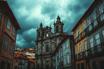 A Church Tower with a Clock Under a Cloudy Sky, Nestled Among European Buildings