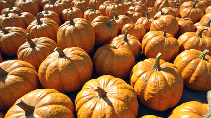 Orange Fall Pumpkin. Showcasing a harvest of large pumpkins ready for the fall season, Halloween and other holidays .Halloween season. AI Illustration.