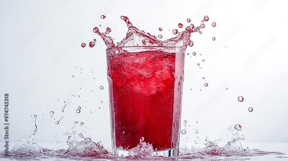 Poster glass of red juice splash isolated on white background : generative ai