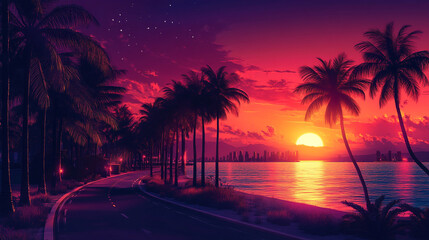 Coconut Grove, Color Illustration, Flat Wind Illustration, Wireless Strip, Sunset, vivid colors