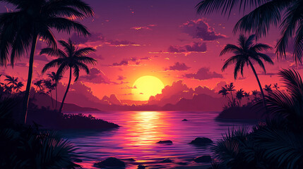 Coconut Grove, Color Illustration, Flat Wind Illustration, Wireless Strip, Sunset, vivid colors