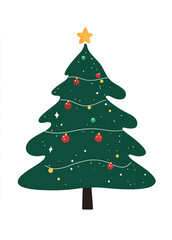 Fototapeta premium Cute Christmas tree, simple lines, flat illustration style, green color scheme, white background, cartoon shape