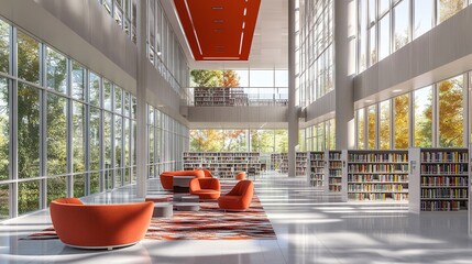 Modern library interior with large windows and colorful furnitur