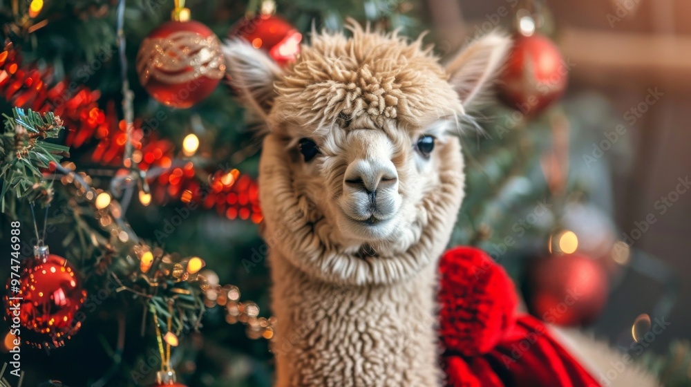 Wall mural A baby llama is sitting in front of a Christmas tree with red ornaments