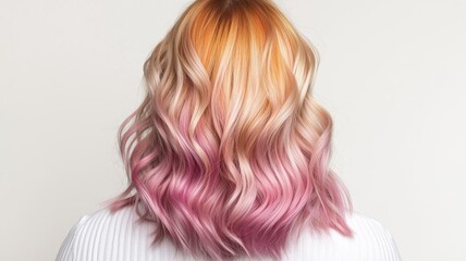 Naklejka premium Trendy wavy hair with a beautiful gradient of orange and pink tones, perfect for fashion and beauty concepts.