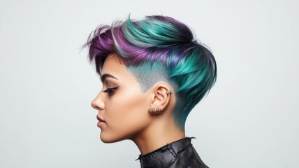 Fototapeta premium Vibrant short hairstyle featuring a blend of teal and purple hues, demonstrating modern hair trends and fashion creativity.