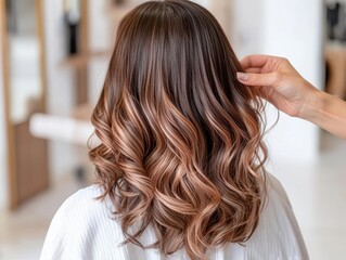 A stylist gently curls long, wavy hair with beautiful highlights in a modern salon setting.
