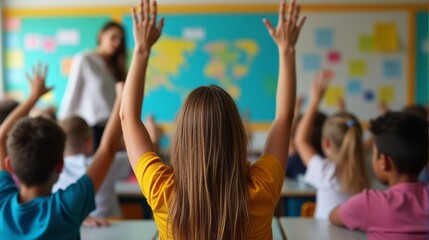 Fototapeta premium Classroom Filled With Engaged Students Seated at Desks Raising Their Hands Eagerly Dynamic Atmosphere of The Class