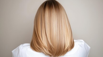Naklejka premium A close-up view of smooth, shiny blonde hair, showcasing a stylish haircut against a neutral background.