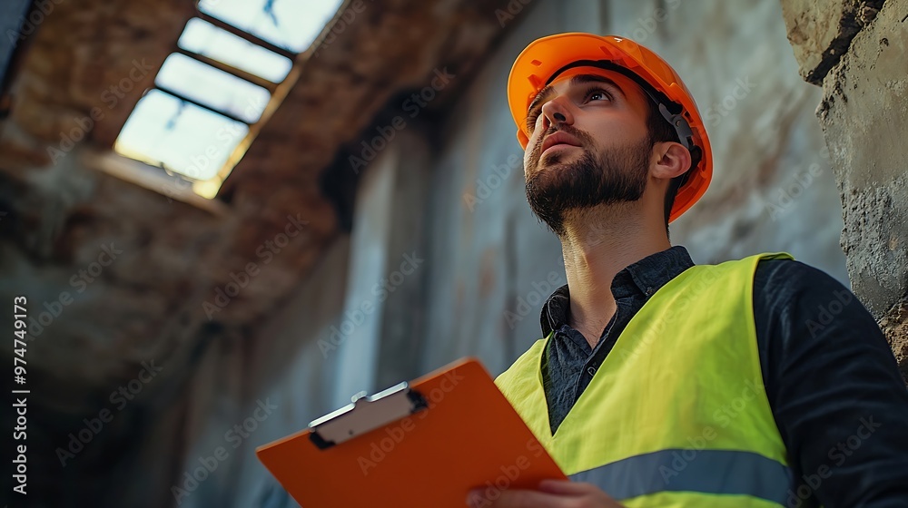 Fototapete A man wearing a yellow vest and an orange hard hat is holding a clipboard He is looking up at something possibly a ceiling or a structure Concept of caution and attention to detail : Generative AI
