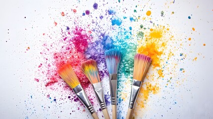 Fototapeta premium Brushes with Colorful Paint Stains on White Background, Abstract Image, Texture, Pattern Background, Wallpaper, Cover and Screen of Smartphone, PC, Laptop, 9:16 and 16:9 Format