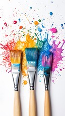 Brushes with Colorful Paint Stains on White Background, Abstract Image, Texture, Pattern Background, Wallpaper, Cover and Screen of Smartphone, PC, Laptop, 9:16 and 16:9 Format