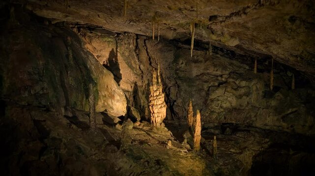 Illuminated Dark Rocky Stone Dripstone Caves Stalactite Background