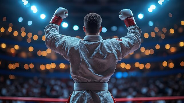 A karate fighter in a white uniform celebrates victory in the ring with arms raised