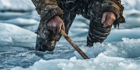 Naklejka premium A person using a stick to break ice.