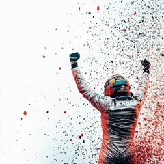 F1 driver celebrating on podium, champagne spray, energetic celebration, sharp contrast, isolated on white background