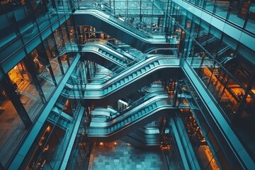 Obraz premium A View Down the Interconnected Escalators in a Modern Glass Building