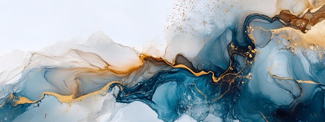 An abstract watercolor painting of flowing liquid gold and silver, in light blue and dark gray tones with hints of copper on a white background