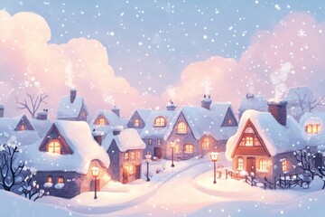 Fototapeta premium Snow-covered houses with warm lights in a snowy village