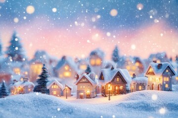 Miniature Snowy Village at Dusk with Glowing Windows