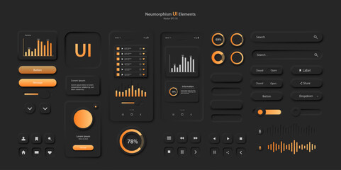 The user interface elements for the mobile app are in black and orange. A set for developing a modern website or mobile application in the Neumorphism style. Vector EPS 1 0.
