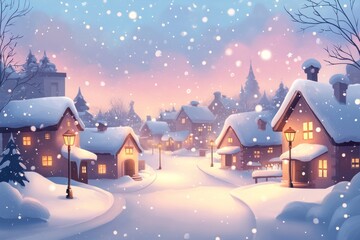 Fototapeta premium Snow-Covered Village at Dusk with Illuminated Windows and Falling Snow