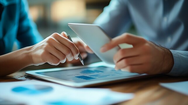 Colleagues discussing online project on tablet pc : Generative AI