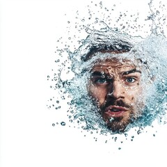 Professional swimmer emerging from the water, dramatic splash, highenergy motion, photorealistic, isolated on white background