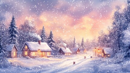 Snowy Village Landscape with Illuminated Windows and Falling Snow
