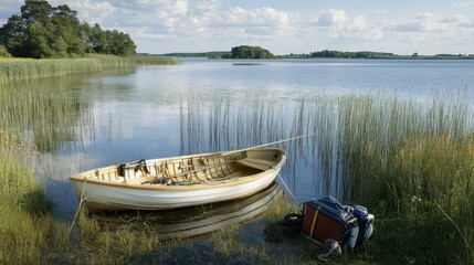 Obraz premium A serene lakeside scene featuring a boat and a backpack by the water's edge.