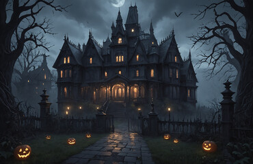 3d render of halloween theme haunted house at night with big moon