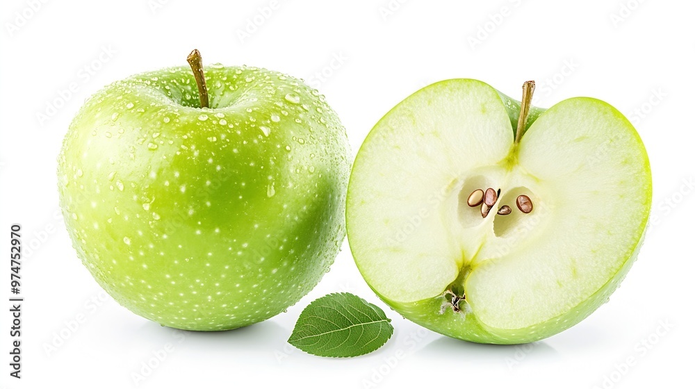 Poster Green apple half with seeds isolated on white background Half of green apple fruit with clipping path Full Depth of Field : Generative AI