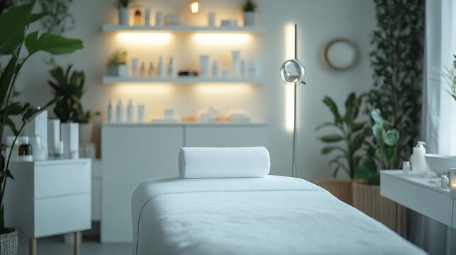 Beautiful interior of empty spa salon massage room beauty centre or dermatologists office with massage table modern lamp magnifier white walls and shelves with products for skin care p : Generative AI