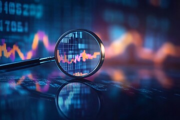 Magnifying glass over financial chart with bokeh effect  stock market analysis and business strategy
