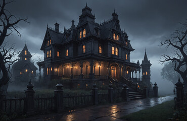 3d render of halloween theme haunted house at night with big moon