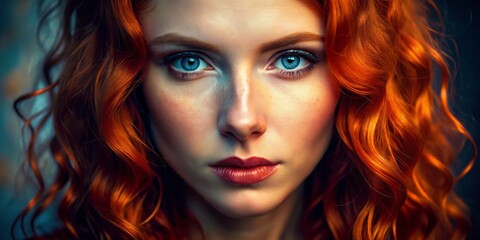 Fototapeta premium A Woman With Fiery Red Hair and Captivating Blue Eyes, Portrait, Close-up, Female beauty, Red hair, Blue eyes