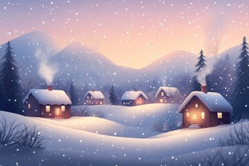 Fototapeta premium Cozy Cabin Village Under a Snowy Twilight Sky