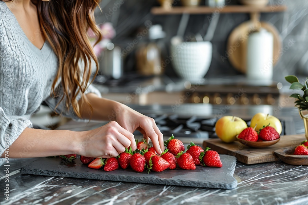 Canvas Prints Woman Preparing Strawberries in Kitchen