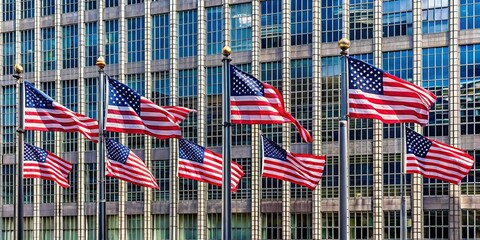 American Flags Flying in Front of a Modern Office Building, cityscape, architecture, patriotism, flag, usa