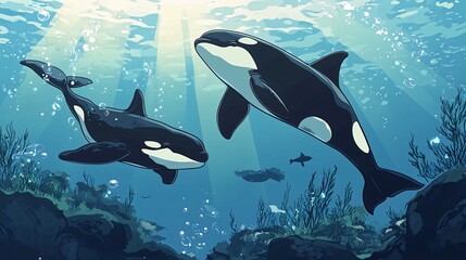 Fototapeta premium Two orcas swim through the water, with sunlight shining from above.