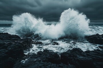 Naklejka premium Dramatic Waves Crashing Against Rocky Shoreline Under a Stormy Sky